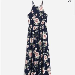 Navy blue floral halter maxi dress.